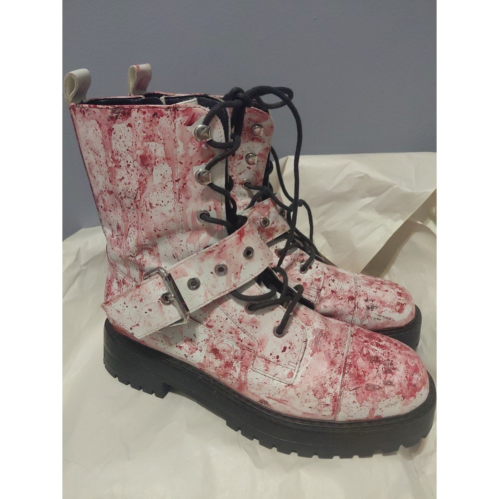 Gothic Blood Drip Upcycled Zara Combat Boots Womens 38 Side Zip Buckle Lace Up